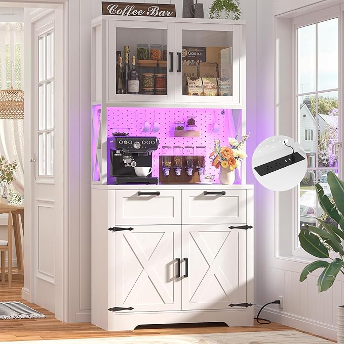 Unikito 71" Pantry Cabinet with LED Light & Outlet, Tall Kitchen Pantry Storage Cabinet with Microwave Stand, DIY Pegboard, Drawers and Adjustable Shelf, Farmhouse Kitchen Hutch for Dining Room, White