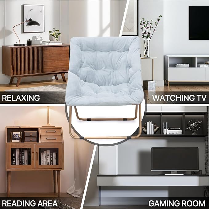 MoNiBloom Square Folding Faux Fur Saucer Chair for Bedroom Living Room Dorm Foldable Metal Frame Oversized Large Comfy Furry Padded Soft Cozy Moon Chair with Footrest Ottoman for Adults (Blue)