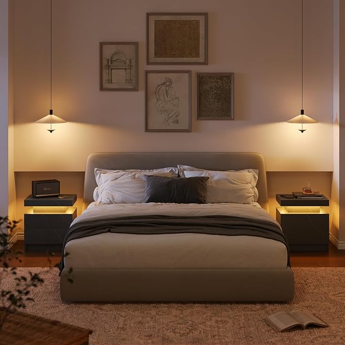 Nightstand LED Bedside Table LED Cabinet LED Lights Modern End Side Table with 2 Drawers for Bedroom Light Grey