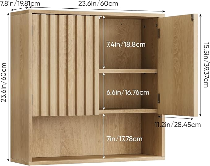 Smart FENDEE Bathroom Wall Storage Cabinet with Fluted Doors, Medicine Cabinet with Adjustable Shelf, Over The Toilet Storage Cabinet for Laundry Room & Kitchen & Living Room, Natural