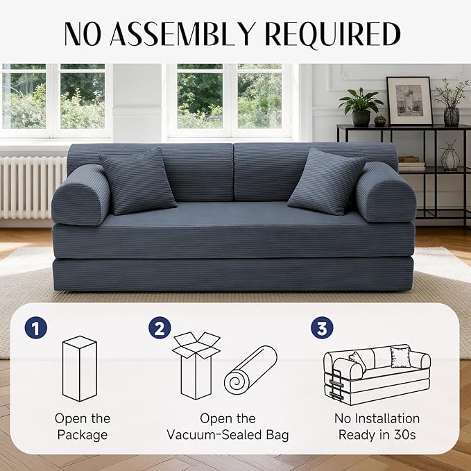78.8" Convertible Sofa Bed with Detachable Arm Pillow, 6-in-1 Sectional Couches for Living Room, Corduroy Boneless Couch, Sleeper Loveseat Couch Bed, No Assembly, Gray Couch