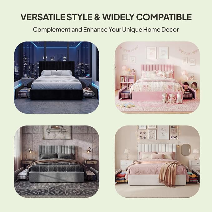 Welzona Velvet Bed Frame Queen Size with 4 Storage Drawer, Fully Upholstered Metal Platform Bed Frame with Vertical Channel Tufted Headboard, 3 Level Height, Easy Assembly, No Box Spring Needed, Black