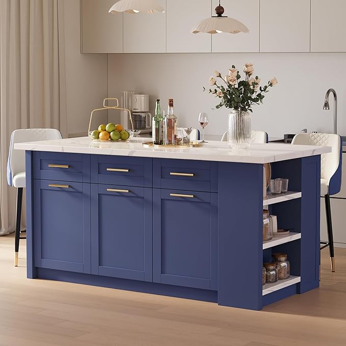 homary 72" Modern Kitchen Island with Storage, White Marble-Effect Engineered Wood Top, Modern Kitchen Table for Dining Room, Blue