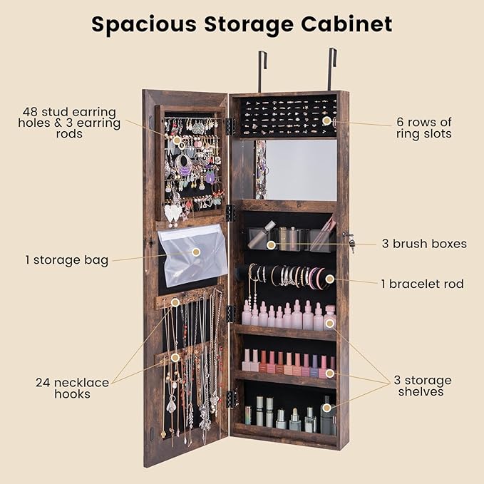 CHARMAID LED Mirror Jewelry Cabinet, 47.2'' Jewelry Armoire with Adjustable Lighted Full Length Mirror, Wall Mounted or Door Hanging, Lockable Jewelry Organizer Storage (Rustic Brown, 47.2''H)