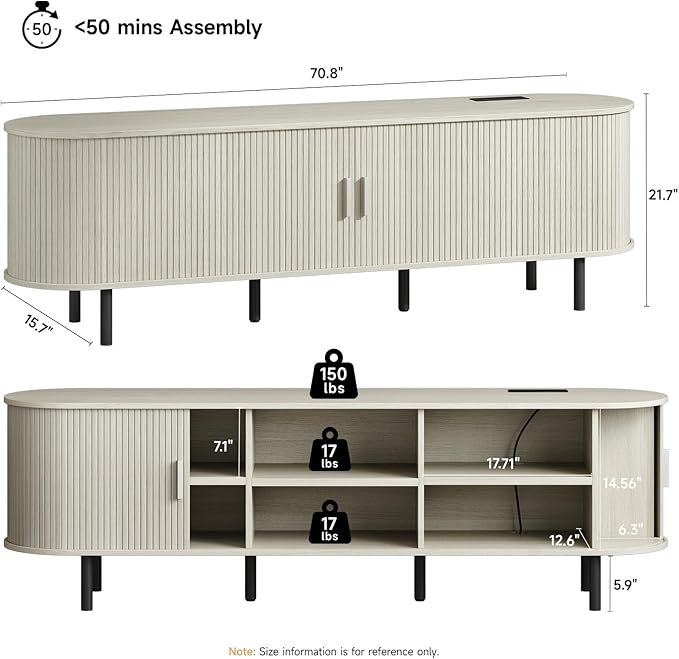 ONBRILL 70.8" TV Stand with Power Outlet for TVs up to 75 Inch, Entertainment Center with Storage and Adjustable Shelves, Modern Media Console with Sliding Doors for Living Room, Natural White