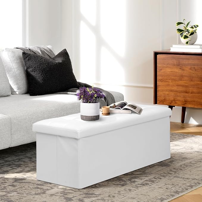 Athena Collection Leather Ottoman Bench with Storage, 43 Inches Large End of Bed Storage Ottoman Bench, 130L Load 220 Lbs Foot Rest for Bedroom, Living Room, Entyway, White