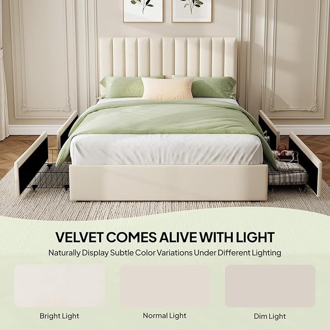 Welzona Full Bed Frame with Storage and Headboard, Velvet Upholstered Metal Platform Bed with Vertical Channel Tufted Headboard, 3-Level Height, 4 Storage Drawers, Noise Free, Easy Assembly, White