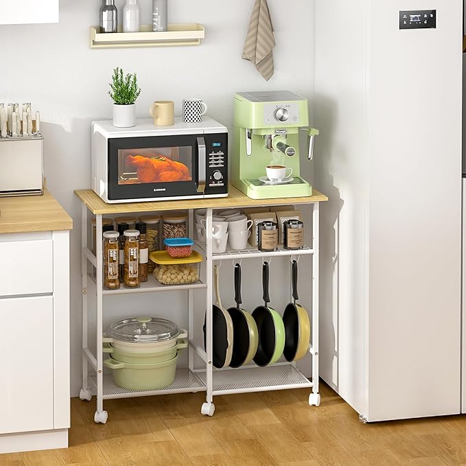 ThreeHio Rolling Kitchen Microwave Cart, 3-Tier Microwave Stand with Adjustable Shelf, Kitchen Storage Cart on Lockable Wheels, Coffee Bar Baker's Rack Organizer Shelf for Living Room, Office, Balcony
