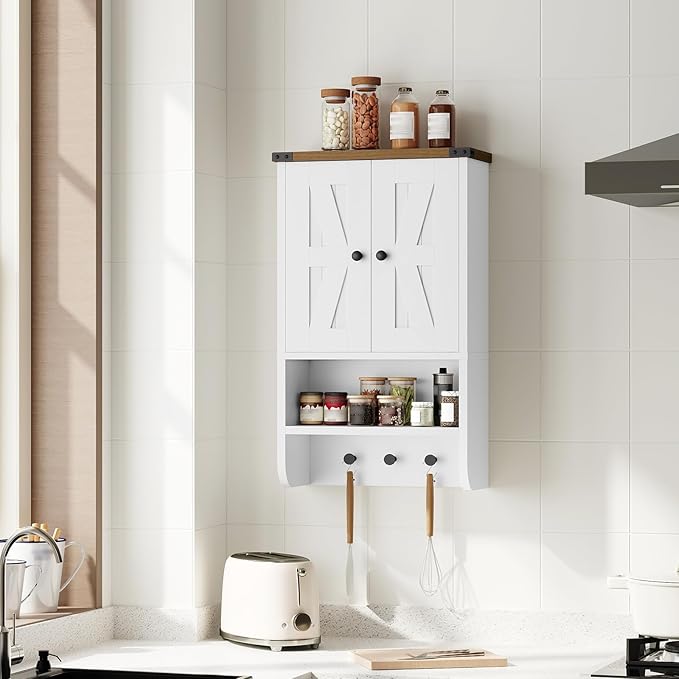 MAHANCRIS Bathroom Wall Cabinet, Farmhouse Medicine Cabinet with Adjustable Shelf, 3-Tier Wall-Mounted Storage Cabinet with 3 Hooks and Open Shelf, for Bathroom, Living Room, Kitchen, White and Walnut