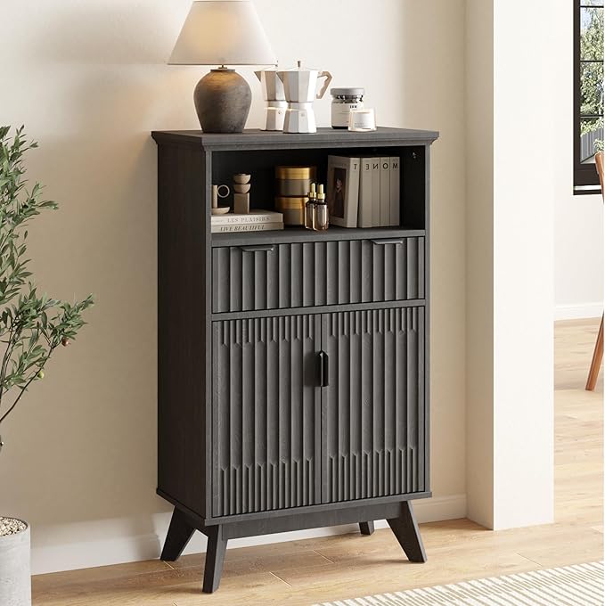 Fatmok Buffet Cabinet with Storage, 40" Modern Fluted Coffee Bar Cabinet with Drawer & Open Shelf, Wood Buffet Sideboard Console Table for Entryway, Kitchen, Living Room (Black)