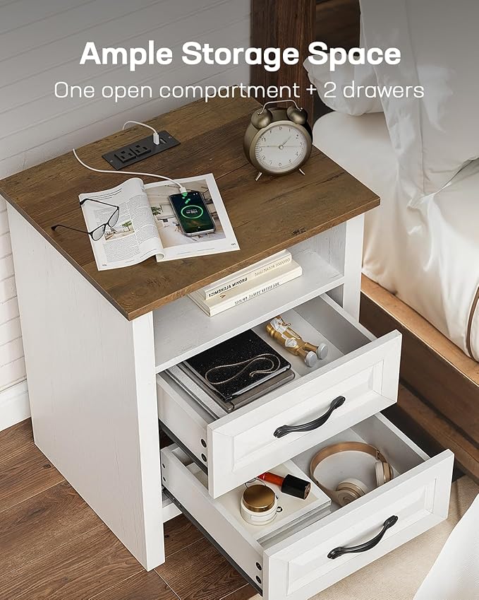 Marsail Farmhouse Nightstand Set of 2, Wood Bedside Table with Charging Station, Night Stand with Shelf and Drawers, End Table with Storage Side Table for Bedroom, Brown and White