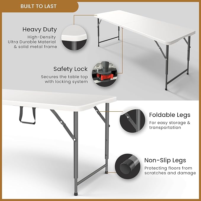 5.5 Feet ADJUSTABLE Foldable Table with Built in Handle & Steel Legs | 5.5FT Heavy Duty Folding Portable | Perfect for Party, Dining, Wedding, Events, Picnic Indoor, Outdoor, Camping, Utility, Folding