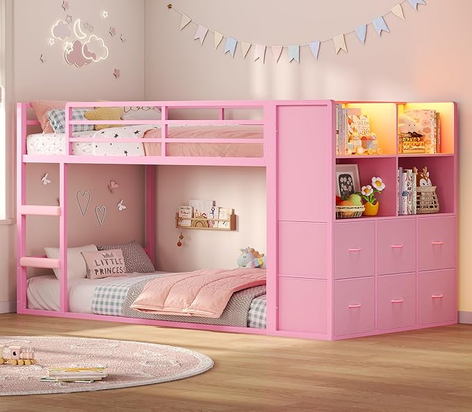 BTHFST Bunk Bed Twin Over Twin with 6 Large Fabric Drawers & 4 Storage Bookshelf, Metal Low Bunk Bed for Kids with LED Lights & Ladder and Guardrail, Space Saving, for Girls, Pink