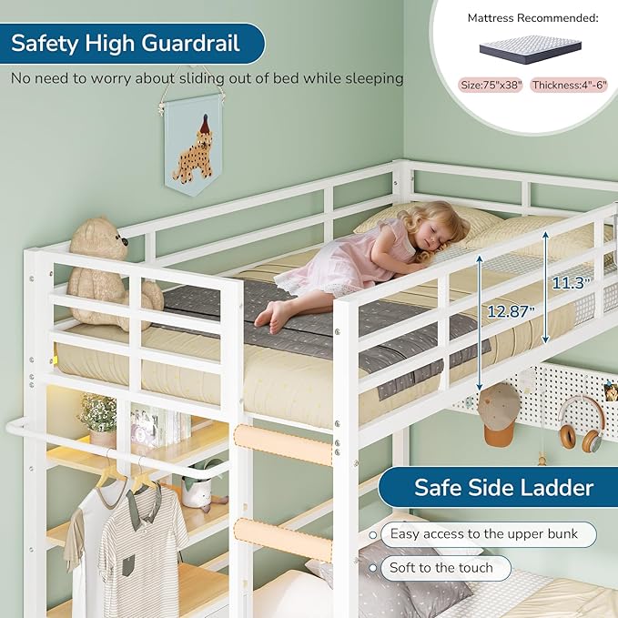Twin Over Full Size Bunk Bed with 4 Storage Drawers and Bookshelf, Metal Bunk Beds with LED Lights, Charging Station, Loft Bunk Bed with Pegboard, Safety Guardrail and Ladders, for Kids, Teens, Adults