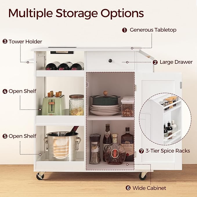 MAHANCRIS Kitchen Island with Power Outlet, Kitchen Storage Island with Drawer, Rolling Kitchen Cart on Wheels, Spice Rack, Towel Rack, Wine Rack, for Dining Room, White KIWT122E01