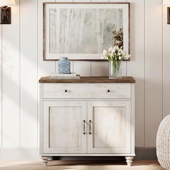 WAMPAT Buffet Cabinet with Doors & Drawer, Large Coffee Bar Table Wood Kitchen Storage Cabinets with Storage Cabinets, Modern Farmhouse Sideboard Credenza for Dining Room, Rsutic White, 34 inch