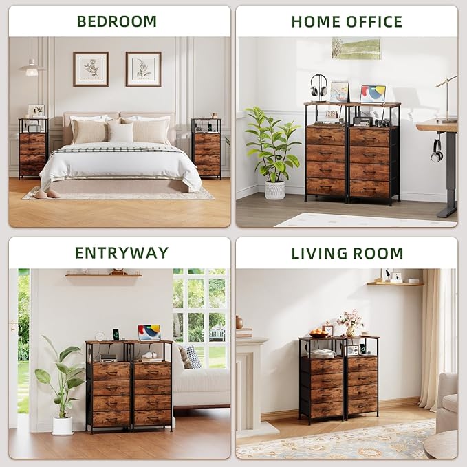 Somdot Tall Nightstand with Charging Station and LED Light for Bedroom, 4 Drawers Dresser with Fabric Bins for Bedside Kids Dorm Room Closet Laundry Entryway, Wood Grain Print