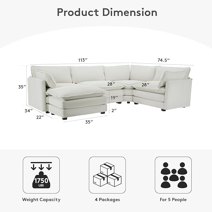 ROWHY 113'' Sectional Cloud Couch, 5 Seater Modular Corner L Shape Sofa Big Comfy Corduroy Oversized Couch with 2 Pillows Movable Ottoman, Deep Seat Sectional Couches for Living Room Office Light Grey | Pet-Friendly Fabric