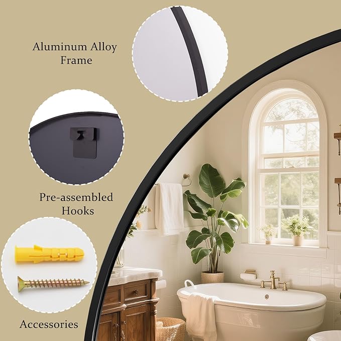 XRAMFY 42 Inch Round Black Metal Wall Mirror - Stylish Circle Mirror for Entryway, Bathroom, and Living Room Decor | Matte Black Circle Wall Mirror