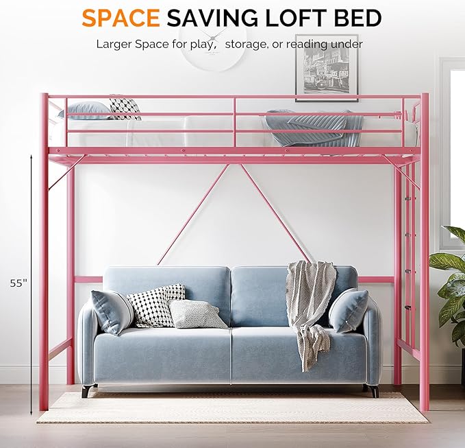VINGLI Queen Loft Bed with Flat Rungs for Adults, Kids and Young Teens, No Box Spring Required,Heavy Duty Metal Slat Support, Pink