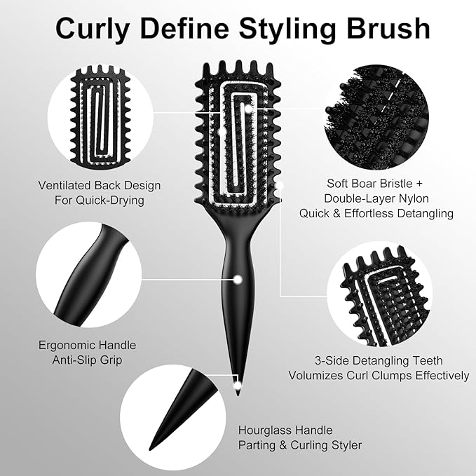 Curly Hair Brush, Curl Defining Brush with Soft Boar Bristles Detangling Tangled Glides, Wide-Teeth Design Effortlessly Shaping & Defining Curls (Black)