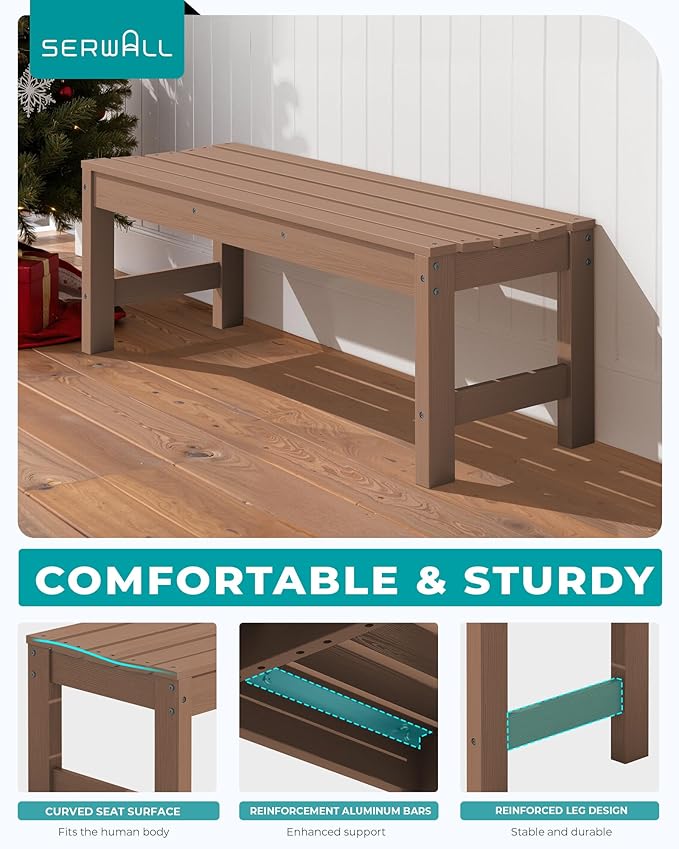 SERWALL 47 Inches Outdoor Bench, All Weather HDPE Backless Bench with Wood Grain Texture for Garden Porch and Park, Curved Bench Seat for Comfort, Brown