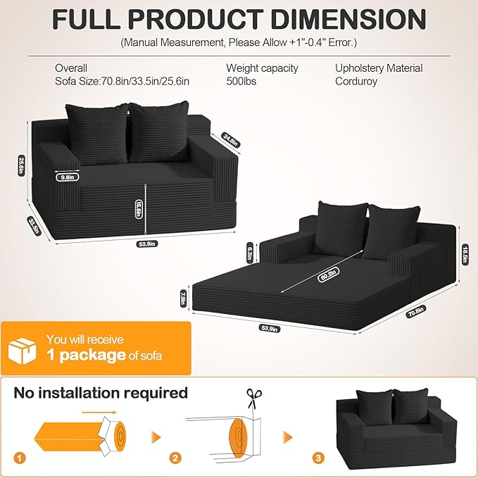 Erament Loveseat Boneless Convertible Sofa Bed, Folding Floor Futon Sleeper Sofa Couch Bed- Boneless Foldable Couch, Corduroy Pull Out Sofa Bed with 2 Pillows for Living Room & Bedroom