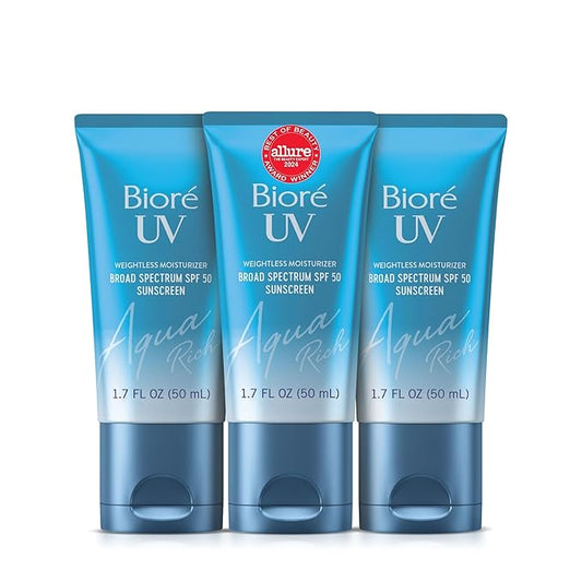 Biore UV Aqua Rich Daily Hydrating Facial Moisturizer with SPF 50 | Oil Free Sunscreen for Sensitive Skin with Hyaluronic Acid, Non-Comedogenic, Dermatologist Tested, 1.7 Oz/3 Pack