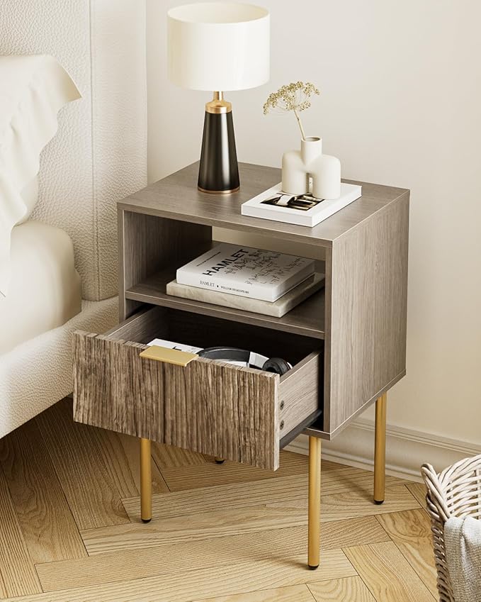Aienvey Night Stand, Modern Nightstand with Drawers, Bedside Table, Gold Small Side Table for Bedroom, Living Room End Table (Grey Stripe, 1 Drawer)