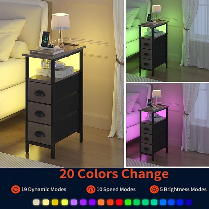 sthmec End Table with Charging Station,LED Side Tables with USB Ports and Outlets,Skinny Bedside Tables with 3 Drawers,Small Tabls Nightstands for Small Space,Slim Sofa Table for Livingroom, Grey