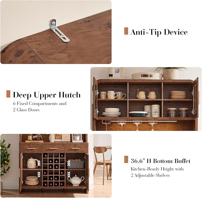 77" Tall Wine Bar Cabinet with Storage Hutch and 3 Drawers, Coffee Bar Cabinet with LED Lights and 24 Bottle Wine Rack for Home Dining Room Kitchen, Dark Burl