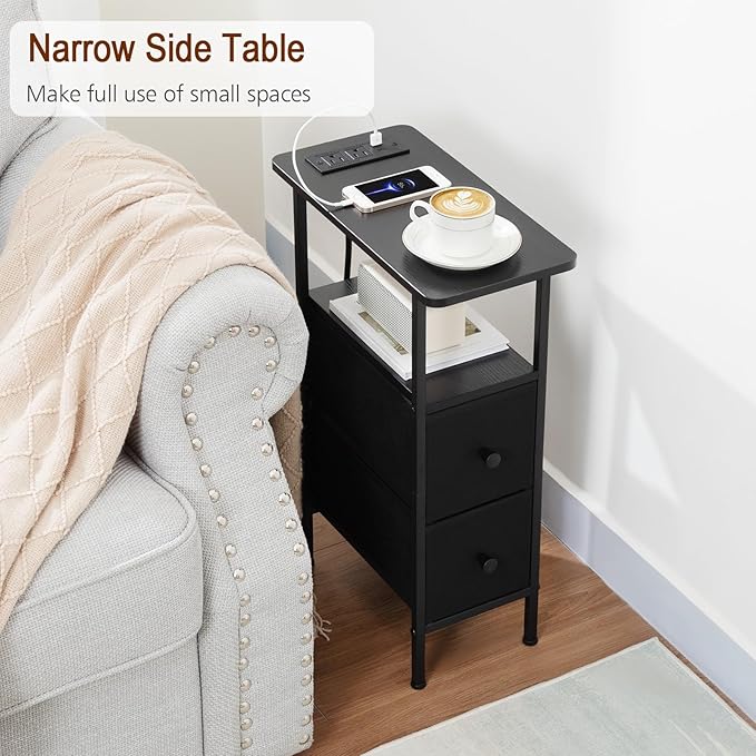 LOAKEKEL Narrow Nightstand with Charging Station, End Tables Living Room Set of 2, Skinny Side Table with Fabric Drawers, Slim Sofa Table for Bedroom, Small Spaces, Couch, Black, HETNDP02BK