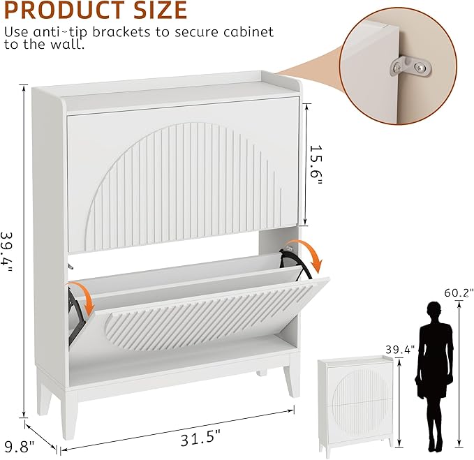 Vlsrka Shoe Cabinet Storage for Entryway with 2 Flip Drawers, Narrow Wooden Shoe Cabinet, Outdoor Hidden Shoe Storage for Entryway, Garage, Foyer, Hallway, Living Room