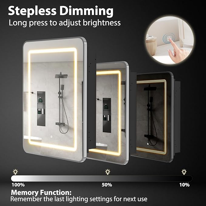 ROOMTEC 16 x 24 Inch Medicine Cabinet Mirror with LED Lights, Silver Bathroom Medicine Cabinet with Mirror and Storage, Recessed or Wall Mount, 3 Color Temperature, Dimmable Light