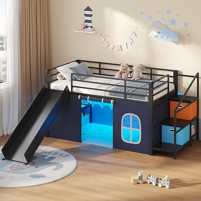 DICTAC Low Loft Bed with Slide,Storage Stairway and Led Lights Metal Twin Size Loft Bed with Under-Bed Play Space,Art Table & Play Curtain Twin Beds with 2 Drawers and 13.8''H Safety Guardrail,Black