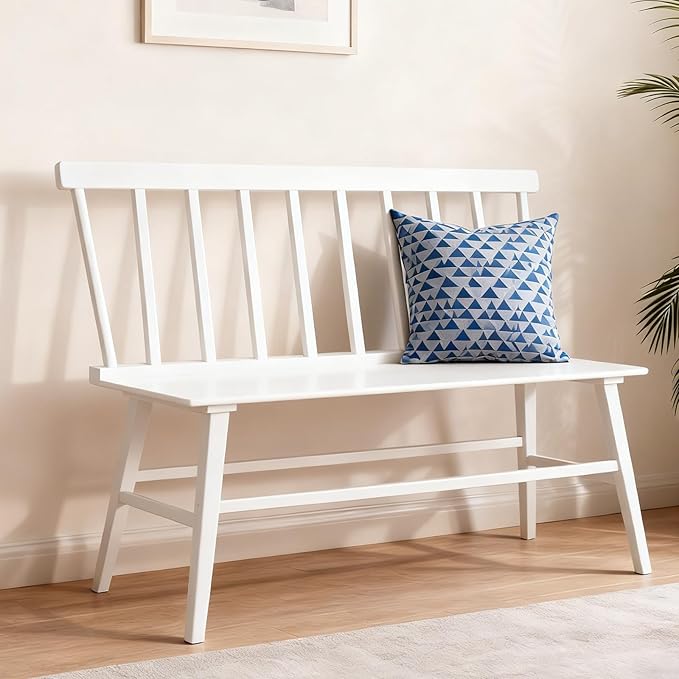 Bamboo Dining Bench, Entryway Bench with Spindle Back Farmhouse Wood Windsor for Foyer Balcony Living Room (White)
