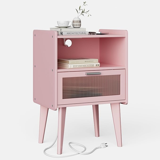 MMEOLUOOK Nightstand with Charging Station, Bedside Tables Pink End Table Side Table with 2 Tiers Storage Space, for Bedroom Living Room MLBZ07PE