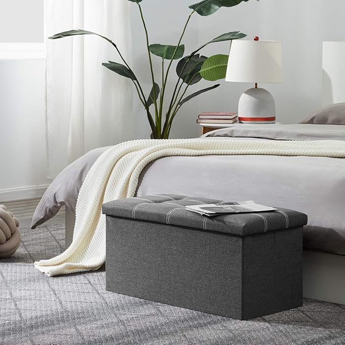YOUDENOVA 30 Inch Storage Ottoman, Folding Ottoman with Storage, Linen Storage Bench Supports Up to 350 lbs, Footrest Seat for Living Room, Bedroom, Gray