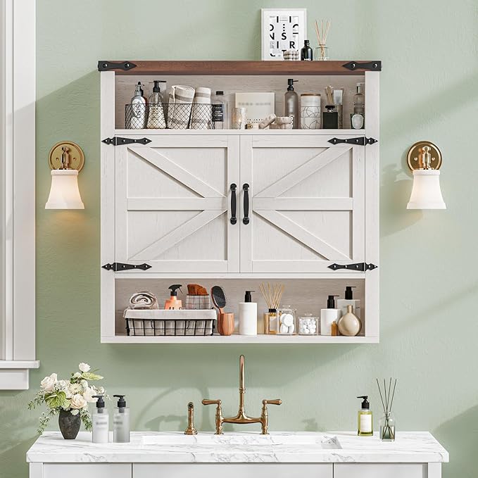 Bathroom Wall Cabinet, Farmhouse Medicine Cabinet with Adjustable Shelves and 2 Barn Doors, Wall Mounted Over the Toilet Storage Cabinet for Bathroom, Laundry Room, Kitchen, Rustic White and Brown