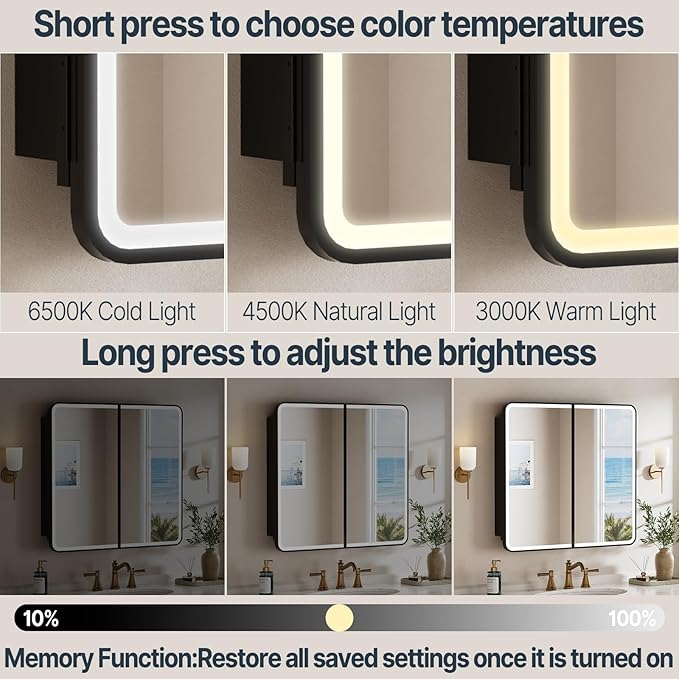 32x30 Inch Medicine Cabinet with Mirror, Recessed or Surface Mount Bathroom Medicine Cabinet with LED Lights, Anti-Fog, Memory Function, Adjustable Shelf, Dimmable Light, ETL Listed, Black