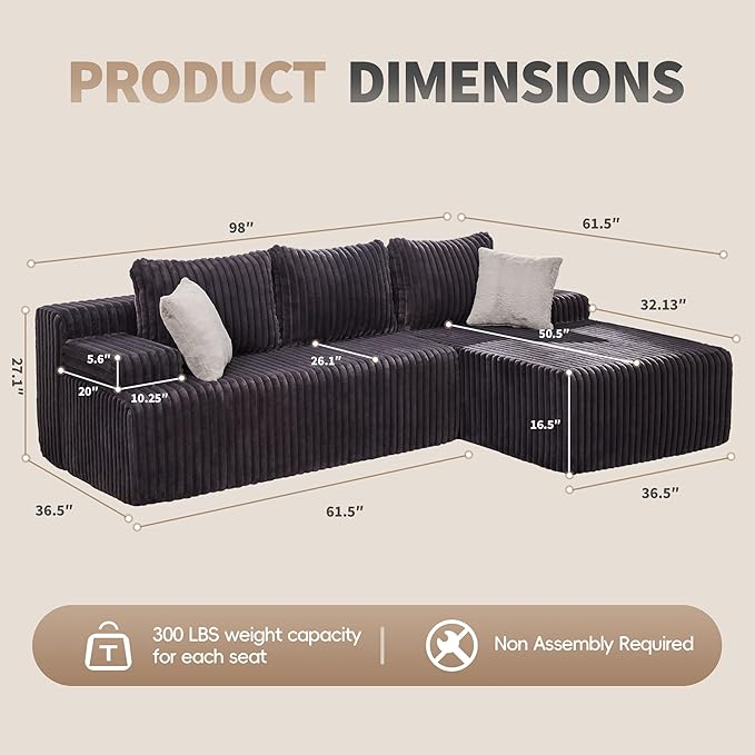 Hobestluk Modular Sectional Sofa Boneless Couch L-Shape Couch 3 Seat Modular Couch Memory Foam Sectional Couches for Living Room Furniture, Cloud Couch Lounge (Grey Stripe, 98" Right Facing Chaise)
