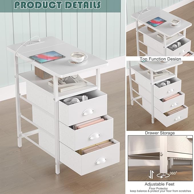 sthmec End Table with Charging Station, Side Tables Livingroom with USB Ports and Outlets,Narrow Nightstands Bedside Tables with 3 Drawers PU Finish for Small Space,Slim Sofa Table Bedroom,White