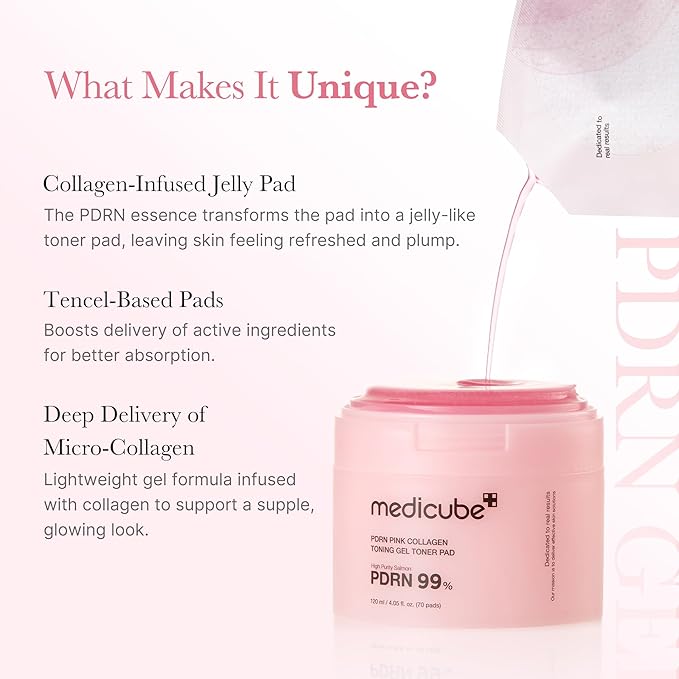 medicube Toner Pads Salmon DNA PDRN Pink Collagen Jelly Pad | Korean Gel Toner Pad | Niacinamide, Madecassoside, Retinol | Soothing, Radiance, Uneven Skin Tone | Korean Skin Care | 70 Pads (1 Pack)