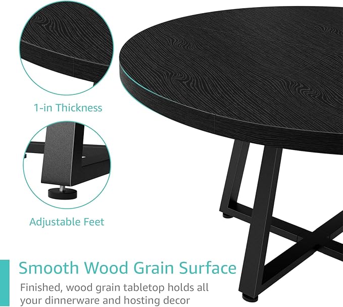 NUTIKAS 42 Inch Round Dining Table for 4, Modern Black Wood Grain Kitchen Table with Cross Metal Legs, Circular Industrial Dinner Table for Small Spaces, Breakfast Nook, Apartment, Office