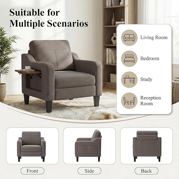 Accent Chairs Set of 2 for Living Room, Mid-Century Upholstered Armchair with Foldable Table & 2 Side Pockets, Modern Linen Wooden Sofa Chair for Bedroom & Reading Room, Brown