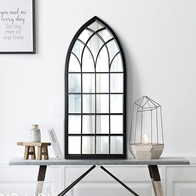 WAMIRRO Farmhouse Window Mirror,Arched Black Mantel Mirror,Cathedral Wall Mirrors with Window Pane for Entryway/Fireplace/Living Room/Hallway 20"X46"
