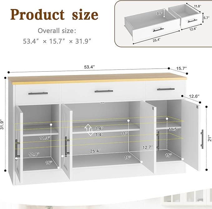 Vongrasig Buffet Cabinet with Storage, Farmhouse Coffee Bar Cabinet with Drawers, 53” Large Modern Sideboard Buffet with Adjustable Shelves for Kitchen, Dining Room, White