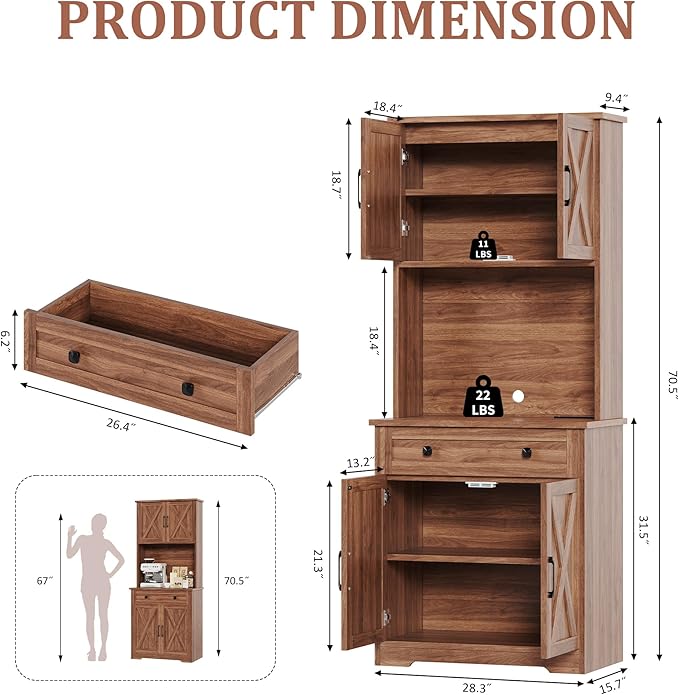 GAOMON 71" Pantry Cabinet with Charging Station, Tall Kitchen Pantry Storage Cabinet with Microwave Stand, Large Farmhouse Kitchen Hutch with Cabinet Doors & Drawer for Living Room, Dining Room
