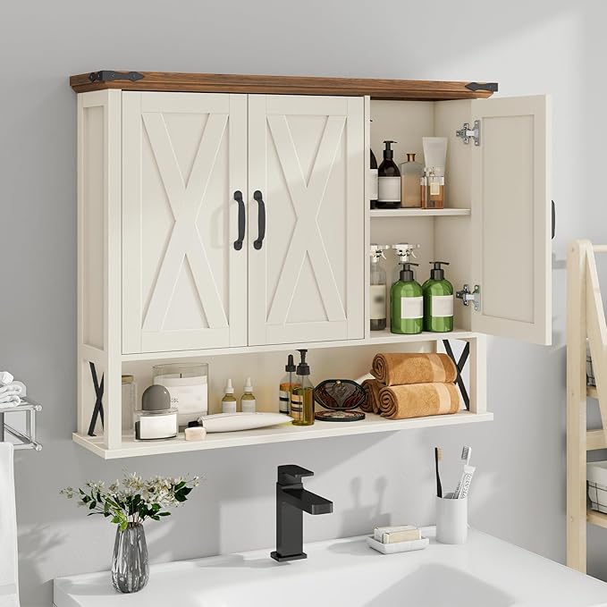 Halitaa Bathroom Wall Cabinet, Farmhouse Medicine Cabinet with Adjustable Wood Shelf & 3 Doors, Over The Toilet Storage Cabinet for Wall Mounted for Bathroom Laundry Room Kitchen, White and Brown
