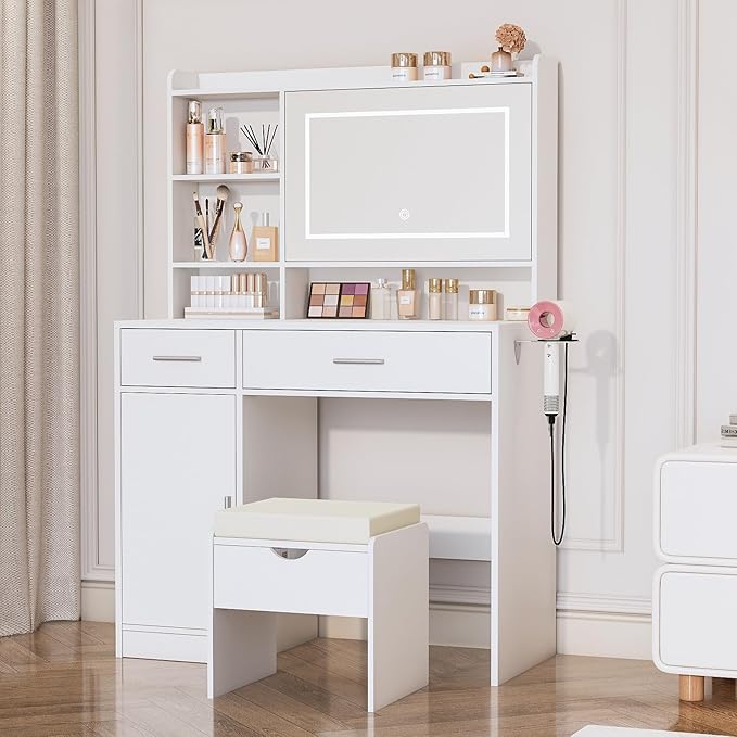 Viaozutis Vanity Desk with Mirror and Lights, with Hidden Shelves,4 Compartments,2 Drawers,Cabinet & Stool,Dimmable LED Lights,Power Outlets, Ideal for Bedroom Vanity Organization(White)